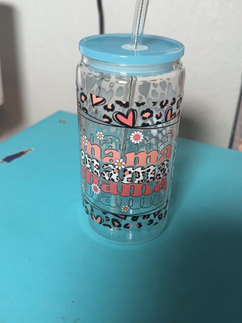 Mama Patterned Clear Tumbler with Blue Lid and Straw